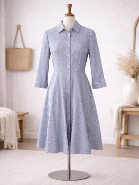 Ann Taylor Blue & White Striped Shirt Dress Size 2 Cotton Button Front